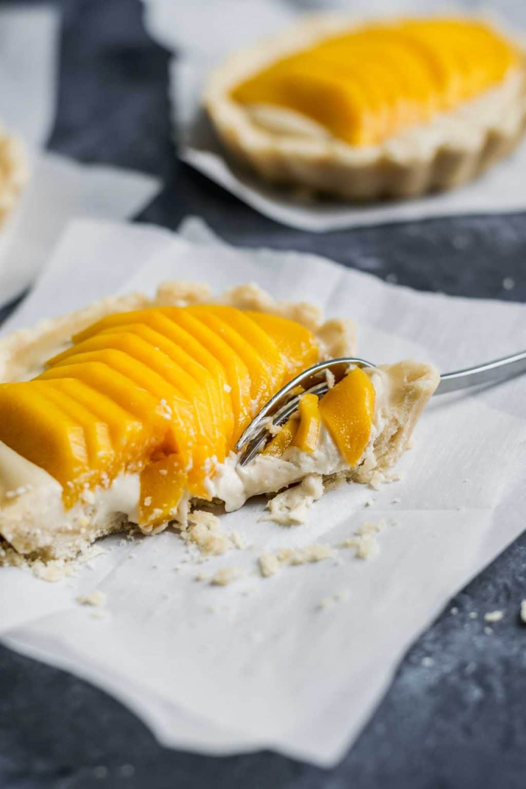 vegan mango tarts with vanilla pastry cream and shortbread crust
