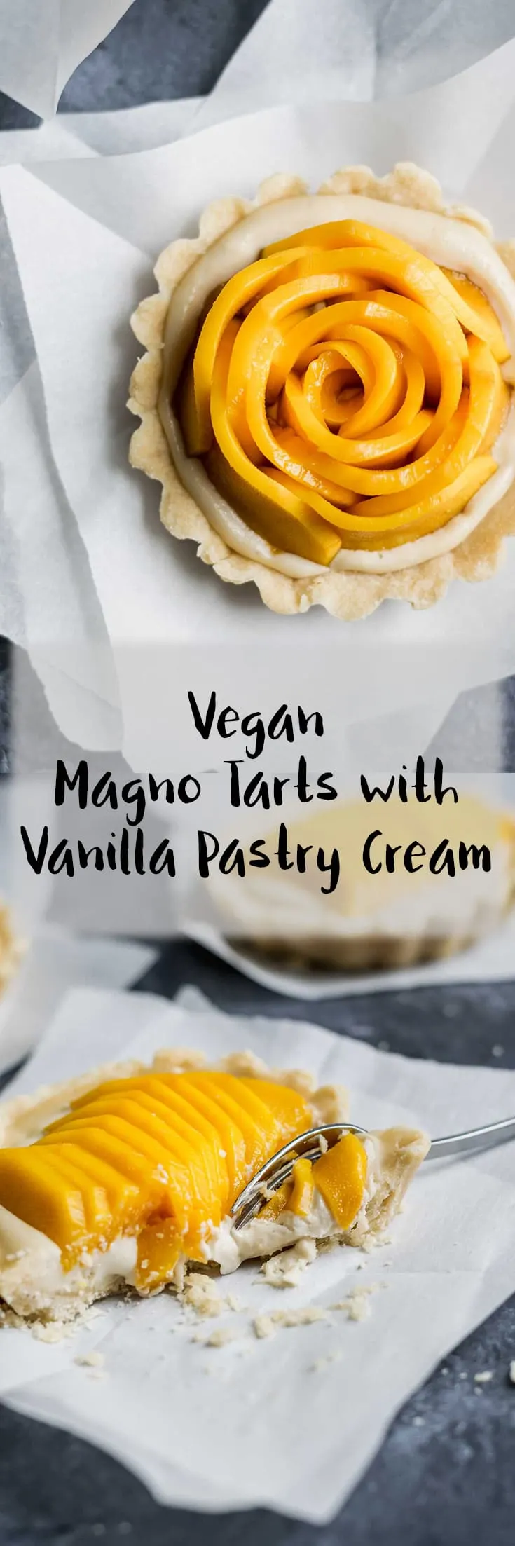 Buttery shortbread crust is filled with a creamy cashew and coconut based pastry cream and topped with fresh cut mango for a delicious sweet vegan treat. | thecuriouschickpea.com #vegan #vegandessert #mangoes #veganrecipes