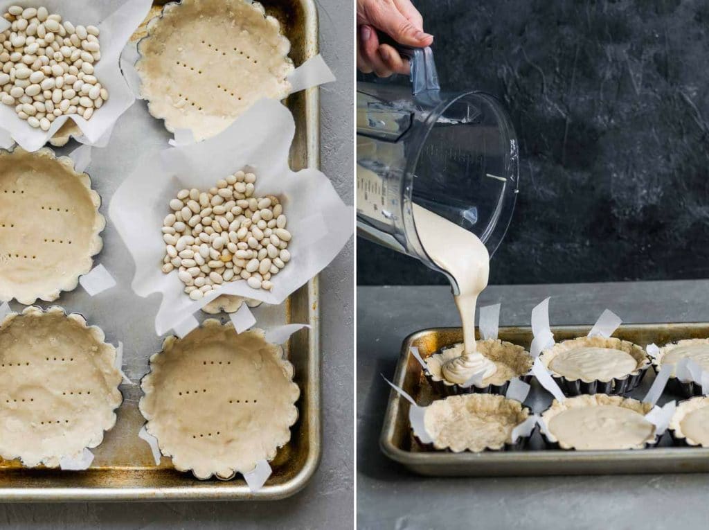 blind baking the pastry shell and pouring the blended pastry cream into the baked shells