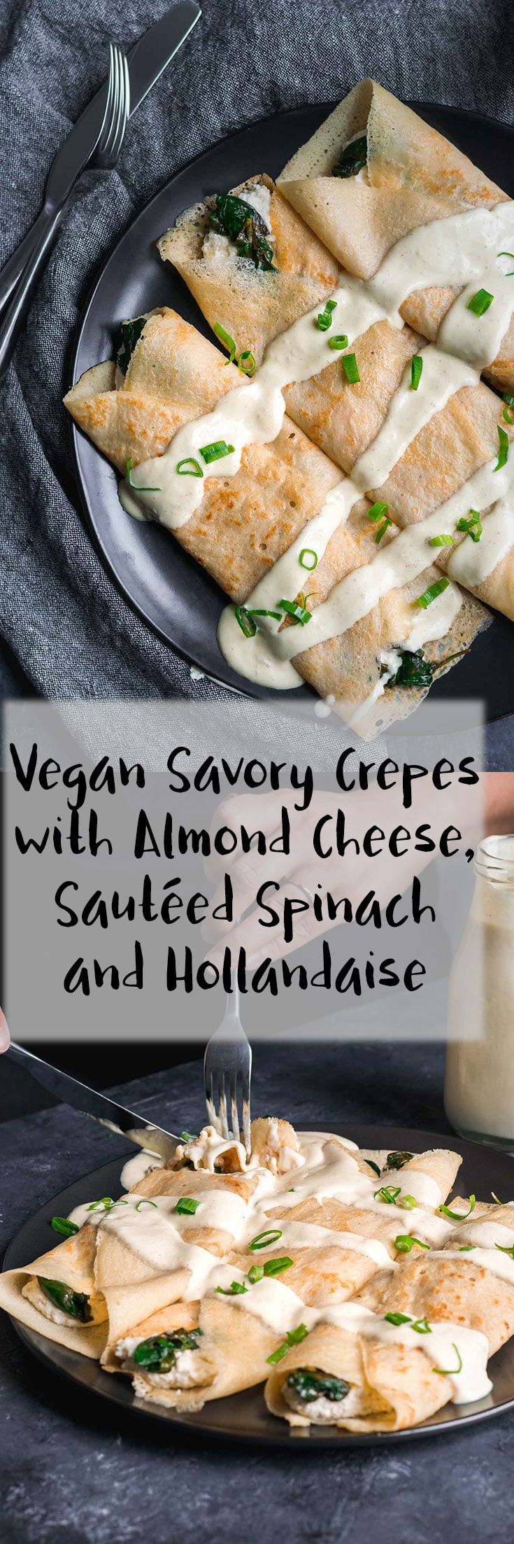 Delicious vegan crepes are stuffed with creamy almond cheese and sautéed spinach and drizzled with warm vegan hollandaise to serve. | thecuriouschickpea.com #vegan #crepes #veganbrunch #vegancheese
