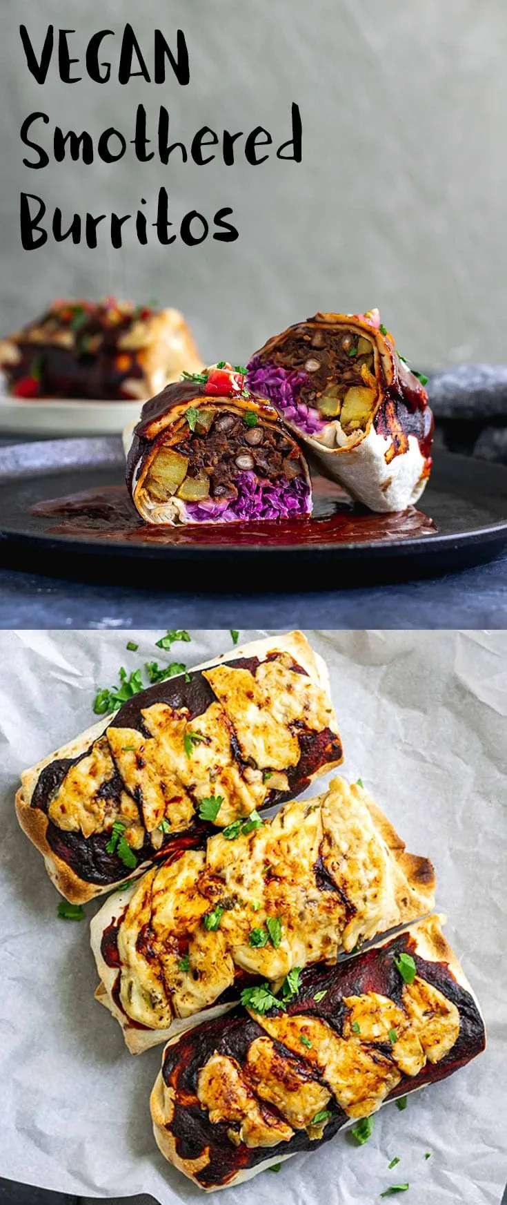Burritos are filled with homestyle potatoes, cabbage slaw, and delicious easy refried black beans, then smothered with Mexican red chile sauce and vegan cheese and baked until hot. | thecuriouschickpea.com