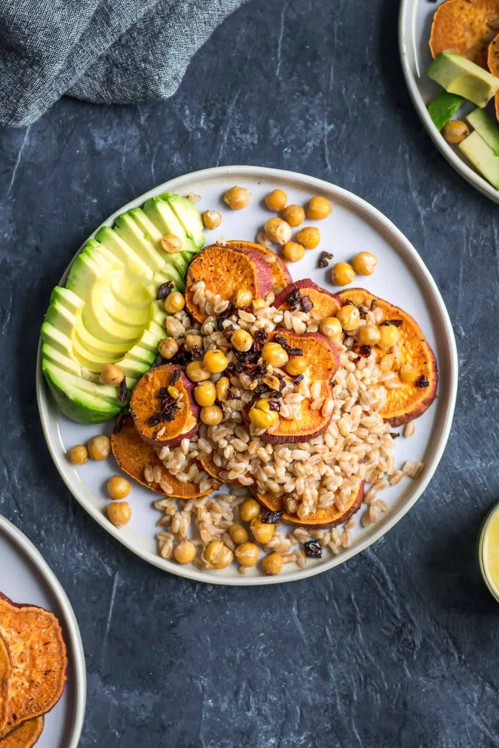 roasted sweet potatoes, farro, garlicky chickpeas and half an avocado before dressing