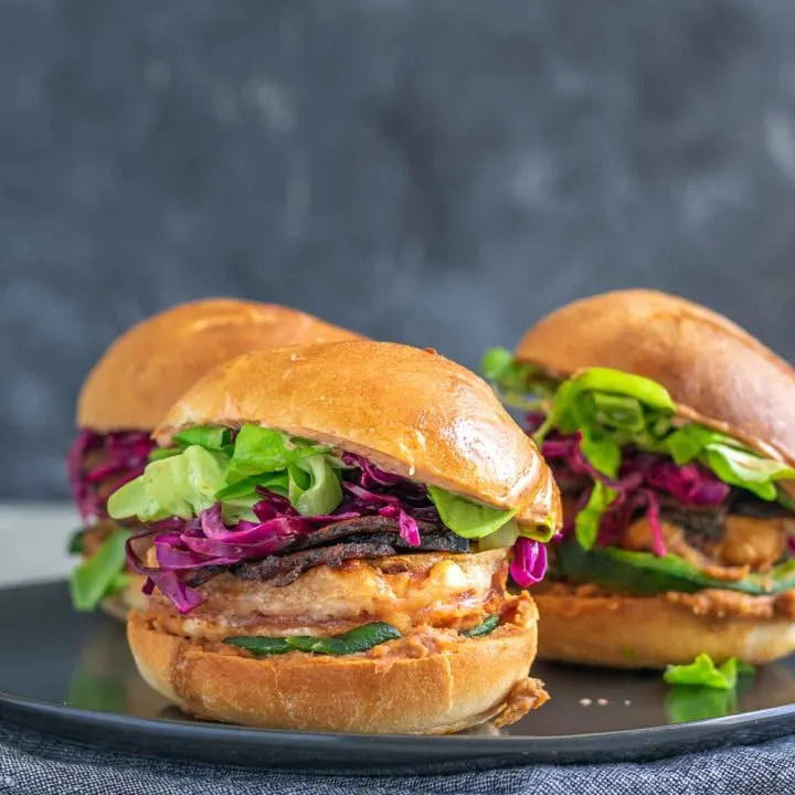 Vegan battered tofu Mexican tortas, 3 on a plate