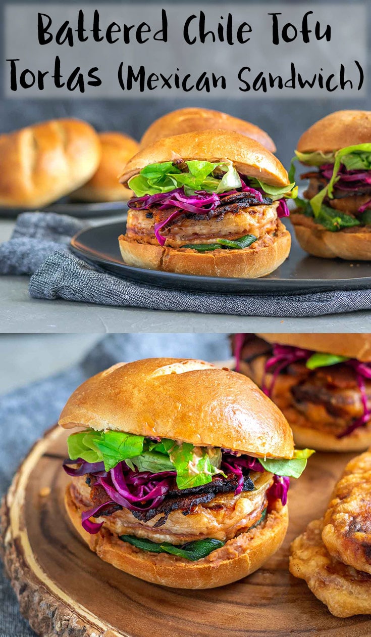 Tortas are a Mexican sandwich and this delicious version is filled with refried beans, vegan mayo, shredded lettuce, seitan bacon, roasted poblanos, cabbage slaw, and battered tofu steaks. It makes for a filling and protein-packed vegan sandwich. | thecuriouschickpea.com