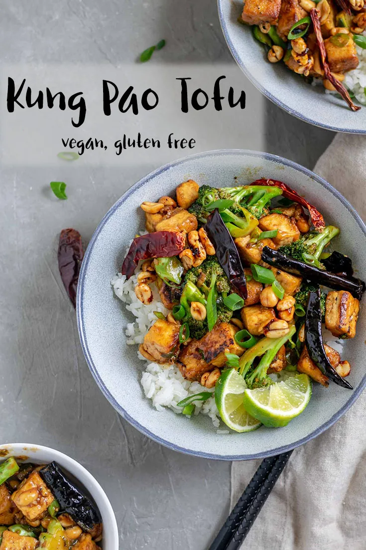 Crispy fried tofu is smothered in a kung pao stir fry sauce with roasted peanuts and charred broccoli in this quick and easy vegan Americanized Chinese stir fry. | thecuriouschickpea.com #vegan #stirfry #glutenfree #kungpao #tofu