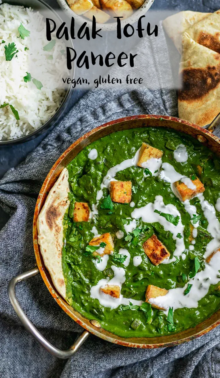 Cheesy tofu is fried until golden and smothered in a creamy spiced spinach gravy in this veganized version of the Indian dish palak paneer. This gluten free recipe is easy to make and sure to impress! | thecuriouschickpea.com #vegan #glutenfree #Indianfood