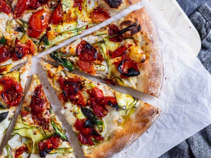 Vegan Pizza Primavera with Zucchini, Asparagus, and Burst Cherry