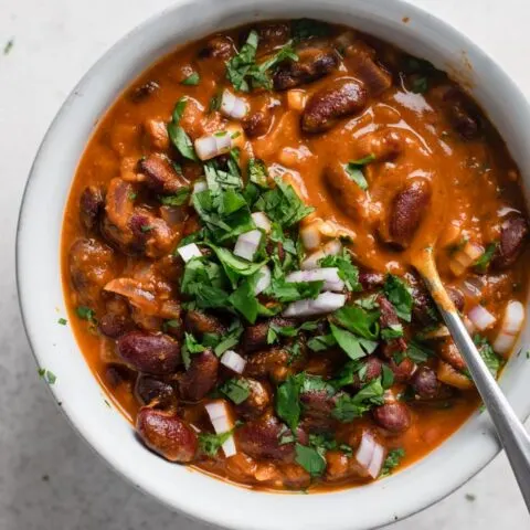 Closeup of a bowl of afghan kidney bean curry (lubya)