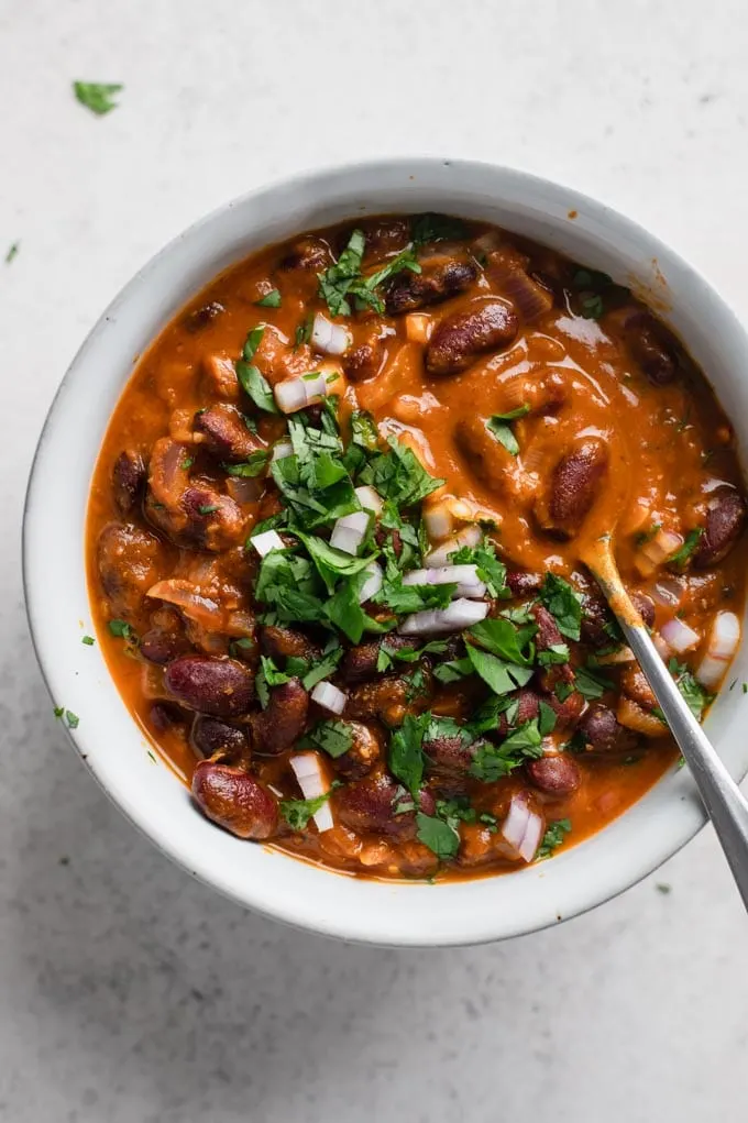 Closeup of a bowl of afghan kidney bean curry (lubya)