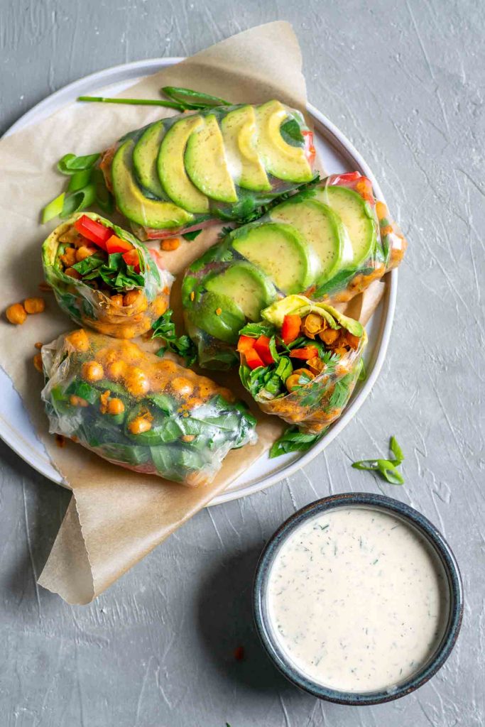 Buffalo Chickpea Rice Paper Wraps with Tahini Ranch Dip • The Curious