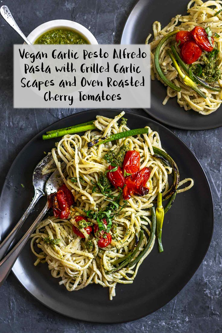 This delicious creamy vegan garlic pesto alfredo pasta with grilled garlic scapes and oven roasted cherry tomatoes is the perfect way to enjoy spring produce! It's a filling vegan meal, easily made gluten free, that's sure to satisfy any appetite! | thecuriouschickpea.com #vegan #pasta