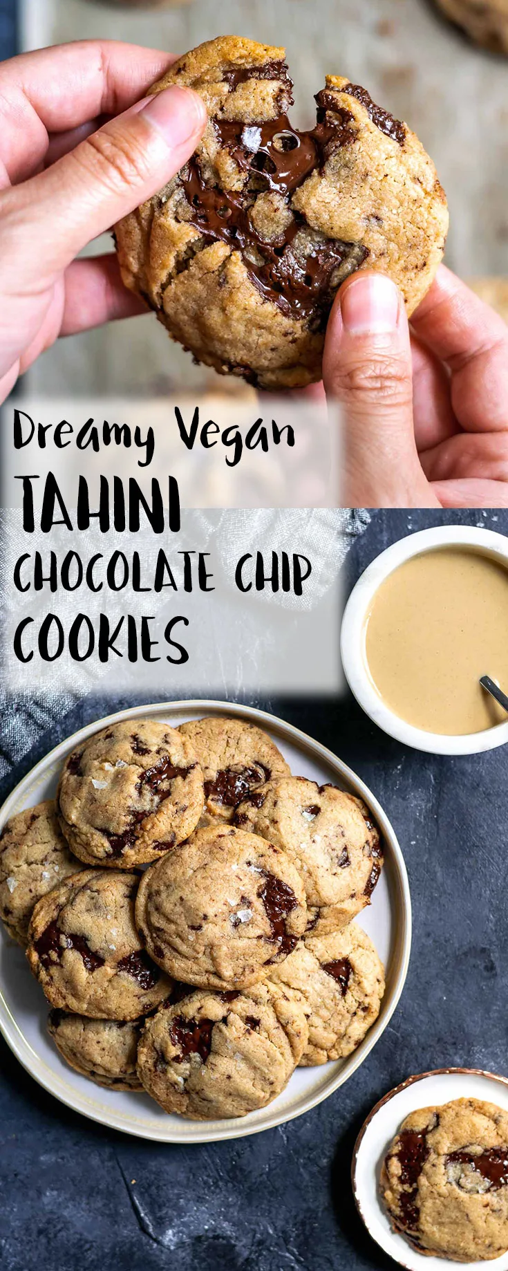 These chewy vegan tahini chocolate chip cookies are laced with chunks of dark chocolate that melt into dreamy puddles in the oven. Sesame paste adds a nice nuttiness, and deepens the bittersweet flavors of the dark chocolate. They're bound to become your new favorite cookie! | thecuriouschickpea.com #vegan #dessert #cookies #tahini