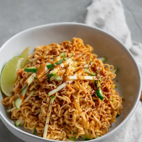 gochujang peanut noodles with patty pan squash