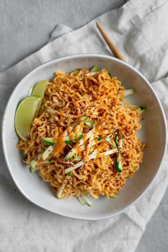 gochujang peanut noodles with patty pan squash