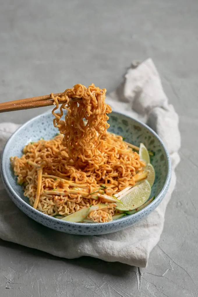 gochujang peanut noodles with patty pan squash noodle pull