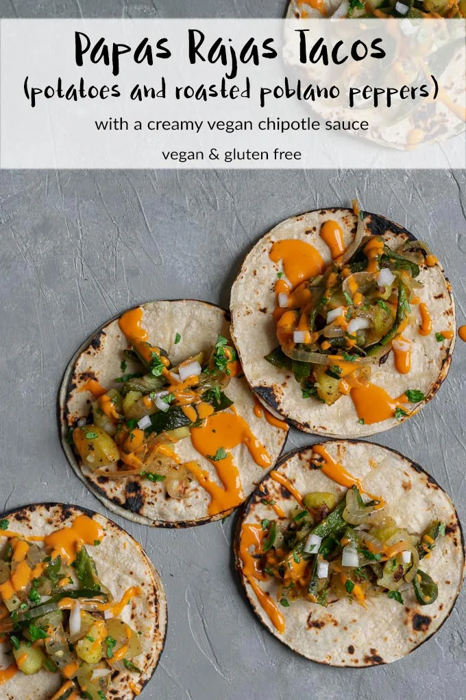 These papas rajas tacos are made with tender potatoes, pan fried roasted poblanos and onion for a delicious vegan and gluten free meal. They are a quick and easy recipe! | thecuriouschickpea.com #vegan #mexican #tacos