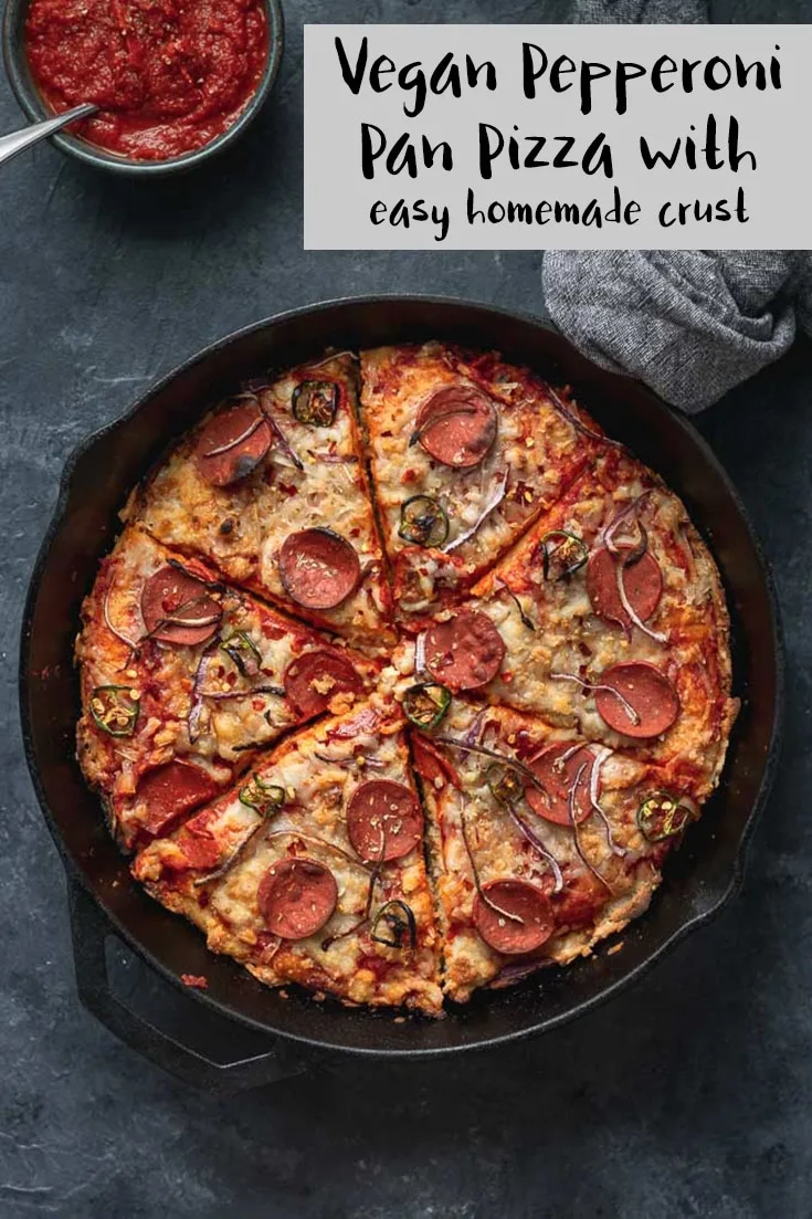 This delicious vegan pepperoni pan pizza is made with an easy homemade pan pizza dough, mouth watering homemade pizza sauce, and given a spicy kick! | thecuriouschickpea.com #veganpizza #pizza #panpizza #vegan