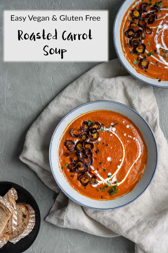 This creamy, flavorful roasted carrot soup is so simple to make! Only 11 pantry friendly ingredients are needed for this delicious vegan and gluten free meal. | thecuriouschickpea.com #vegan #glutenfree #soup #carrots