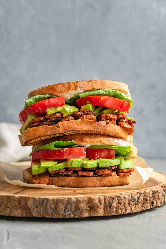 vegan tempeh BLT sandwiches stacked