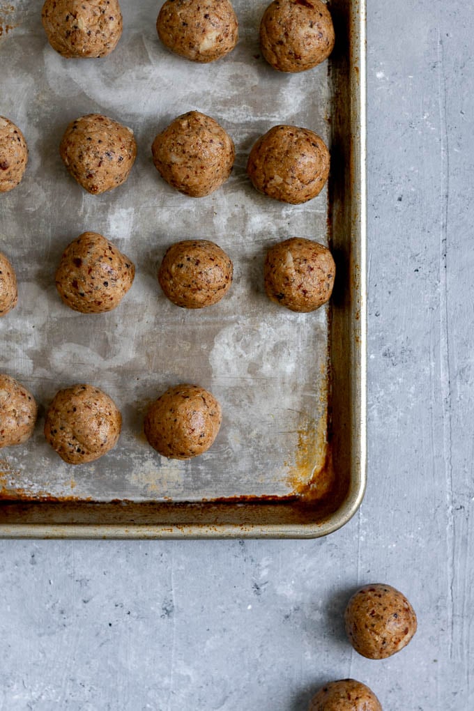 chickpea meatballs on baking tray before baking