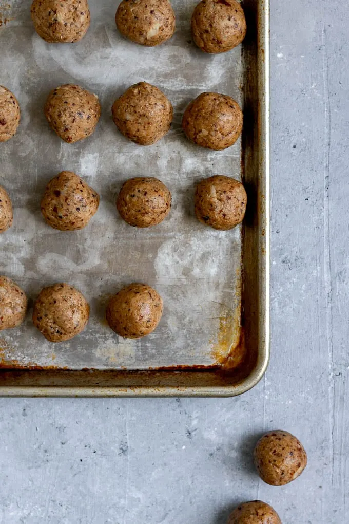 chickpea meatballs on baking tray before baking