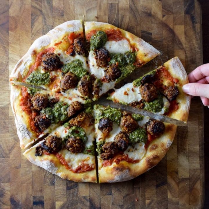 Vegan Meatball Pesto Pizza