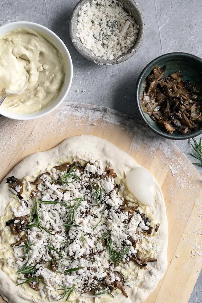 assembled caramelized mushroom pizza before baking