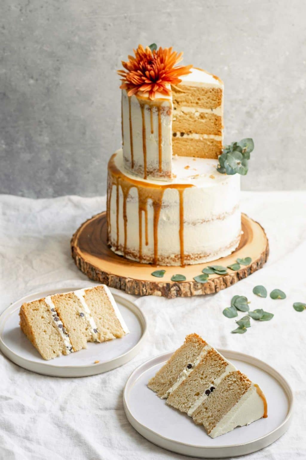 Two slices from the top tier of a 2-tier vegan vanilla cake