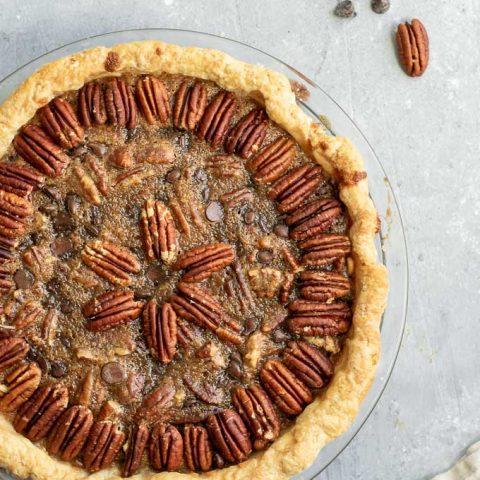 a whole vegan chocolate bourbon pecan pie, after baking