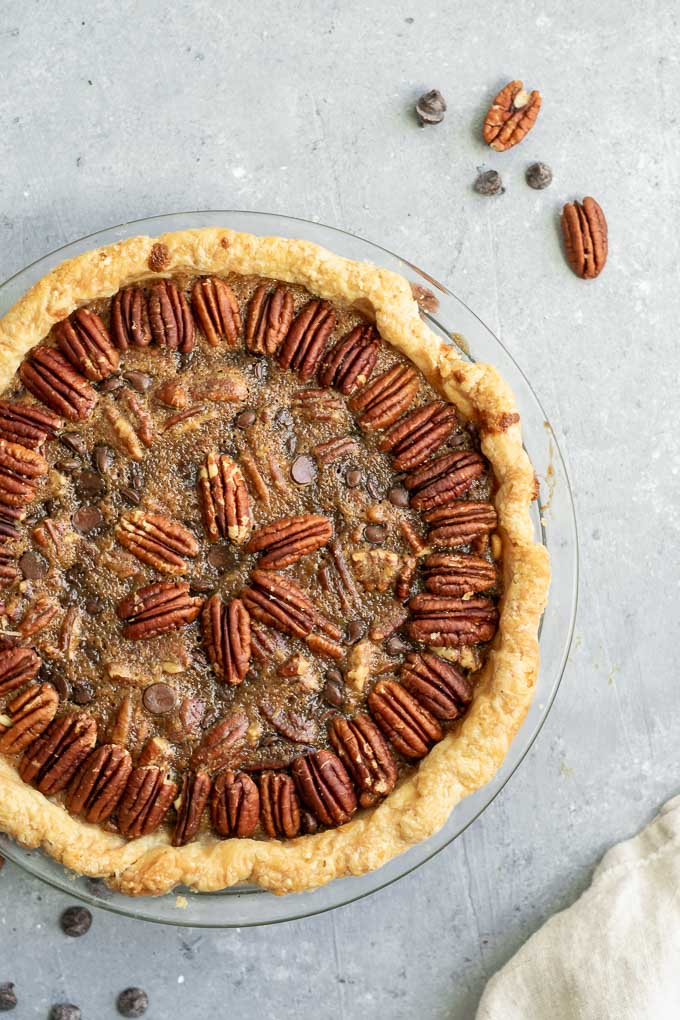 a whole vegan chocolate bourbon pecan pie, after baking