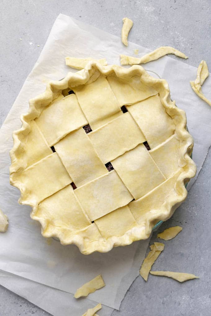 easy vegan pie dough, pre-baked pie double crusted with a lattice top