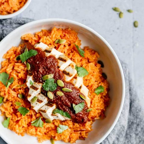 pumpkin mole with grilled tofu and Mexican tomato rice