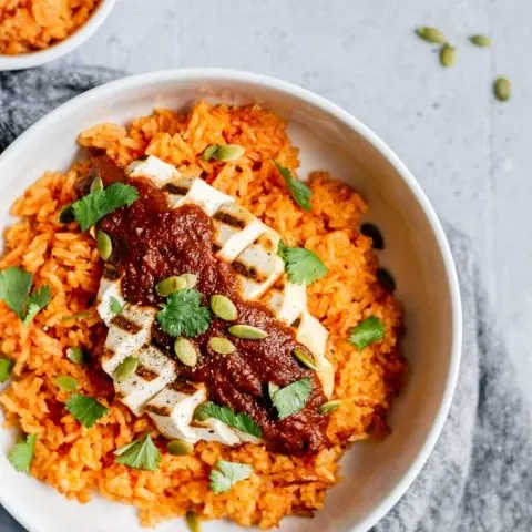 pumpkin mole with grilled tofu and Mexican tomato rice