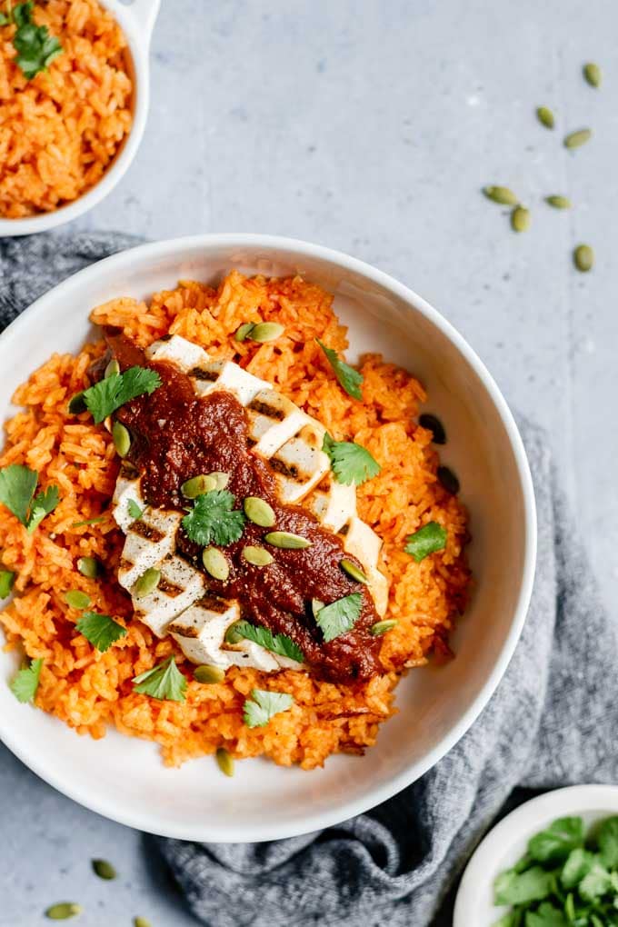 pumpkin mole with grilled tofu and Mexican tomato rice