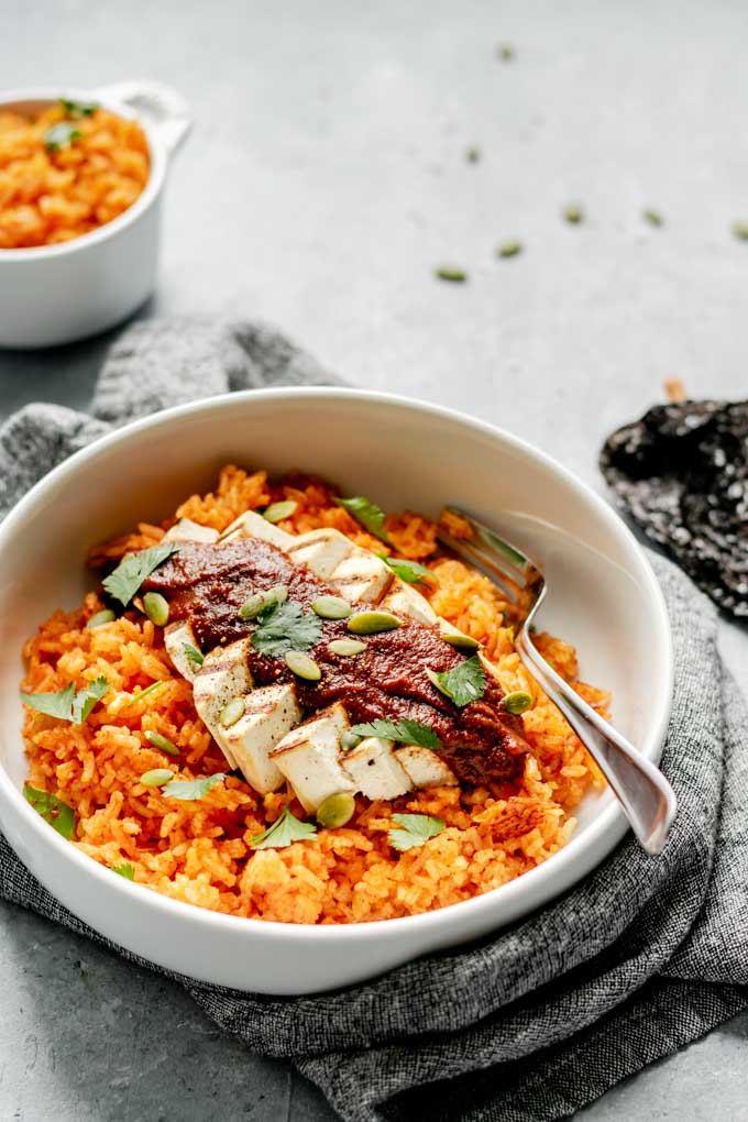 pumpkin mole with grilled tofu and Mexican tomato rice