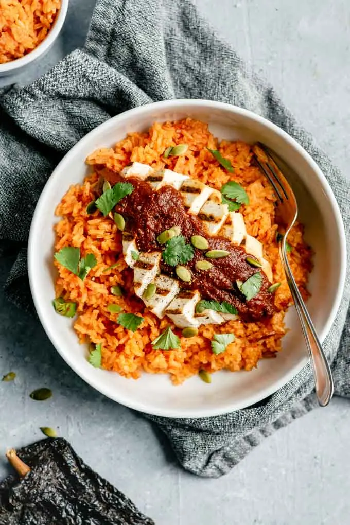 pumpkin mole with grilled tofu and mexican tomato rice