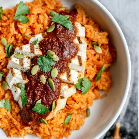 pumpkin mole with grilled tofu and Mexican tomato rice