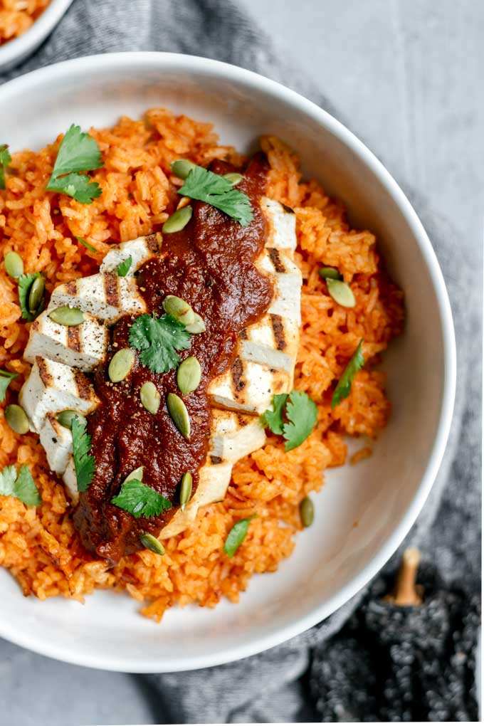 pumpkin mole with grilled tofu and Mexican tomato rice