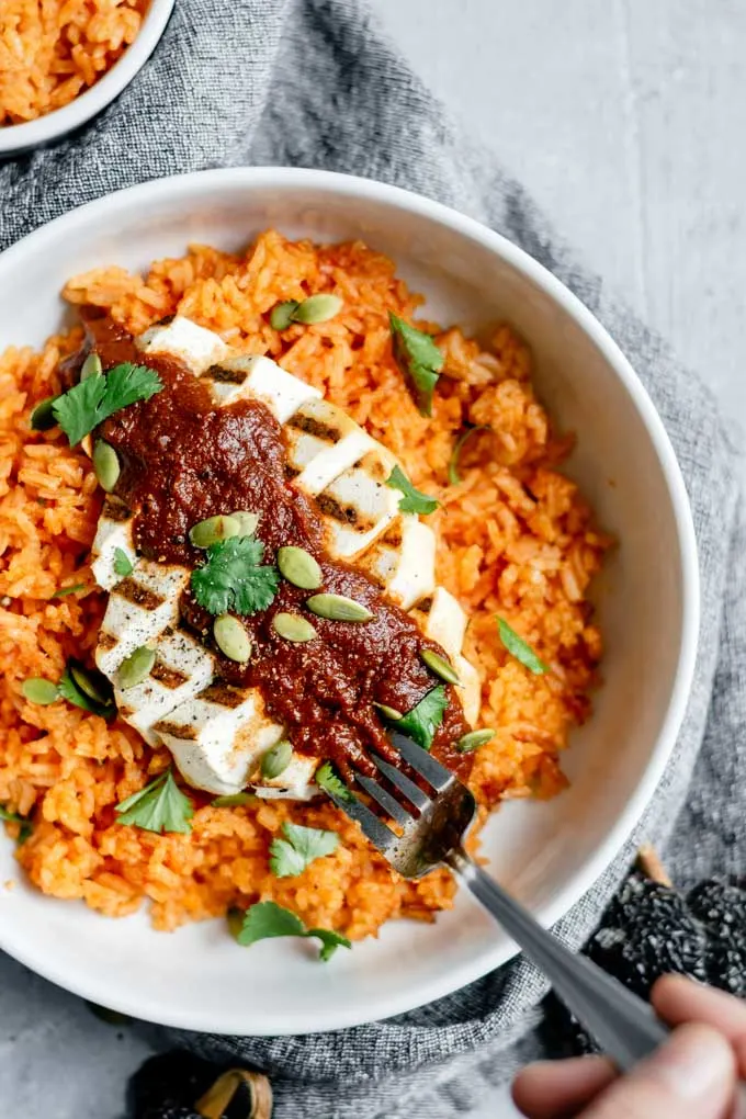 pumpkin mole with grilled tofu and Mexican tomato rice