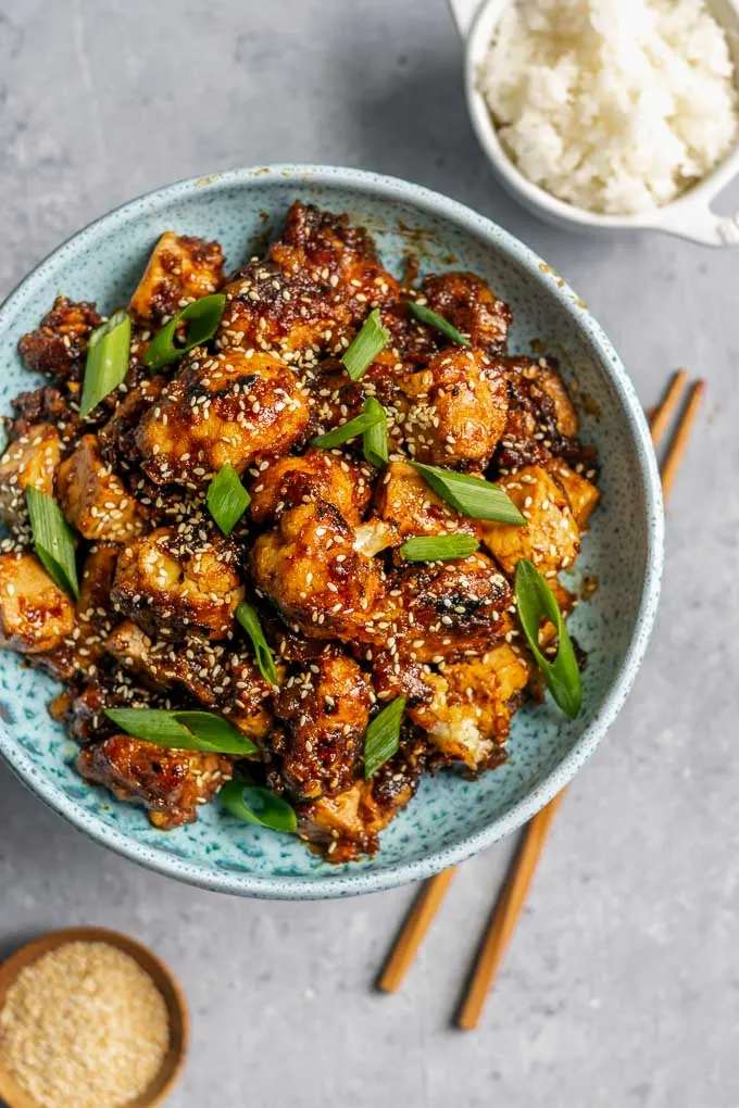 sticky teriyaki tofu and cauliflower