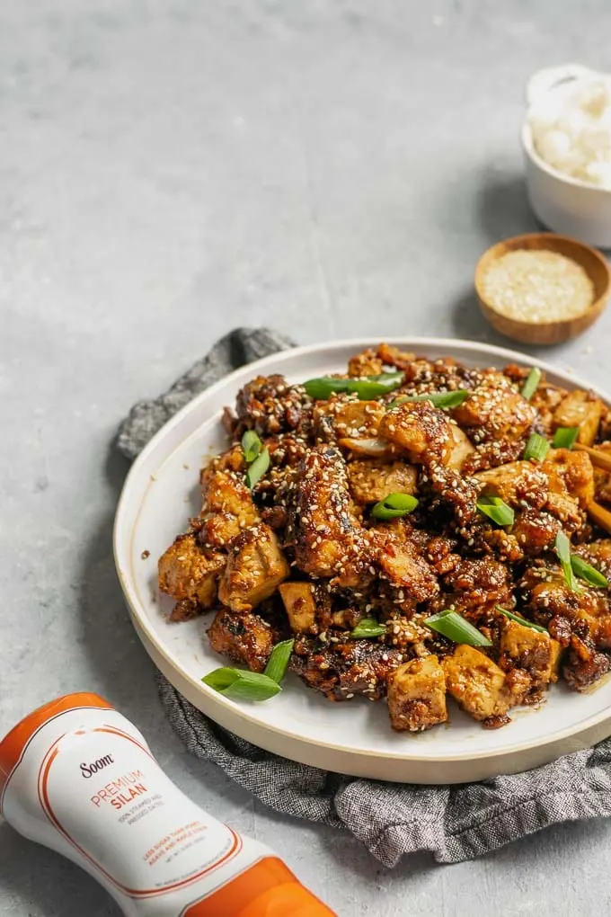 sticky teriyaki tofu and cauliflower with rice and toasted sesame seeds to serve and Soom Silan