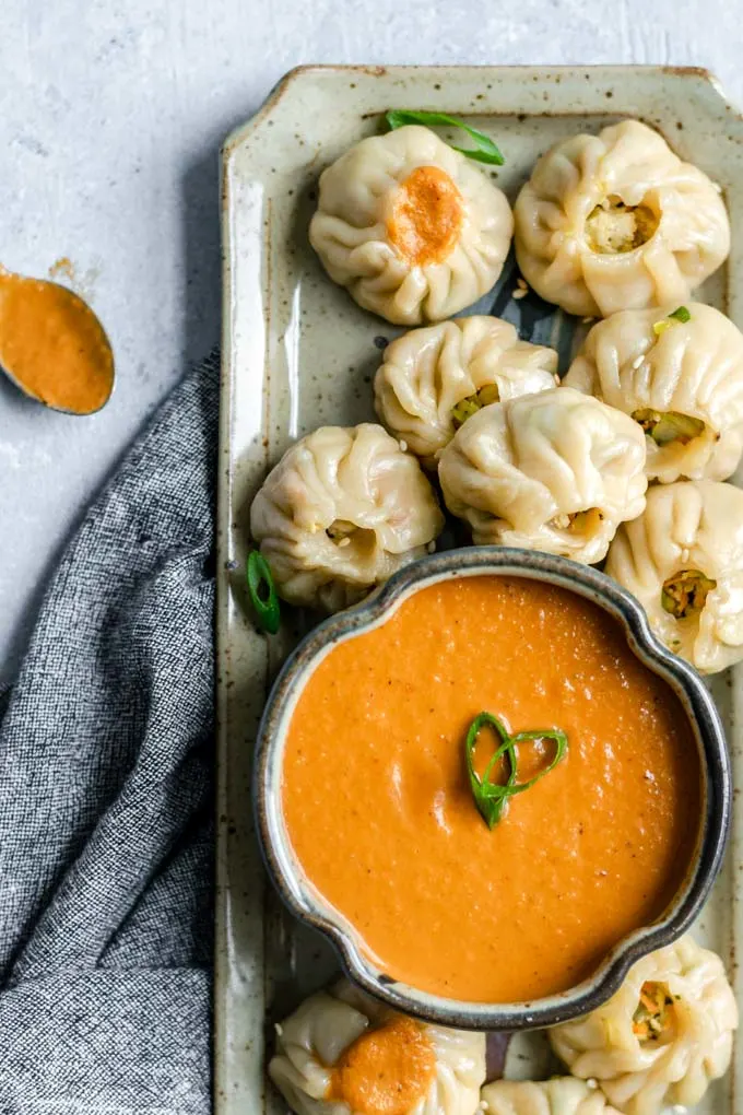 Tibetan Vegetable Momos with Spicy Sesame Tomato Chutney