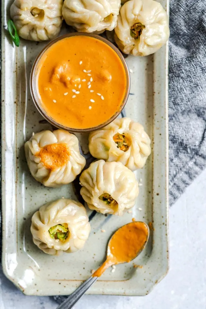 Tibetan vegetable momos with a spicy sesame tomato chutney