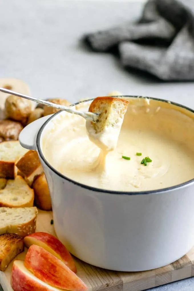 A cheese pull from the vegan cheese fondue