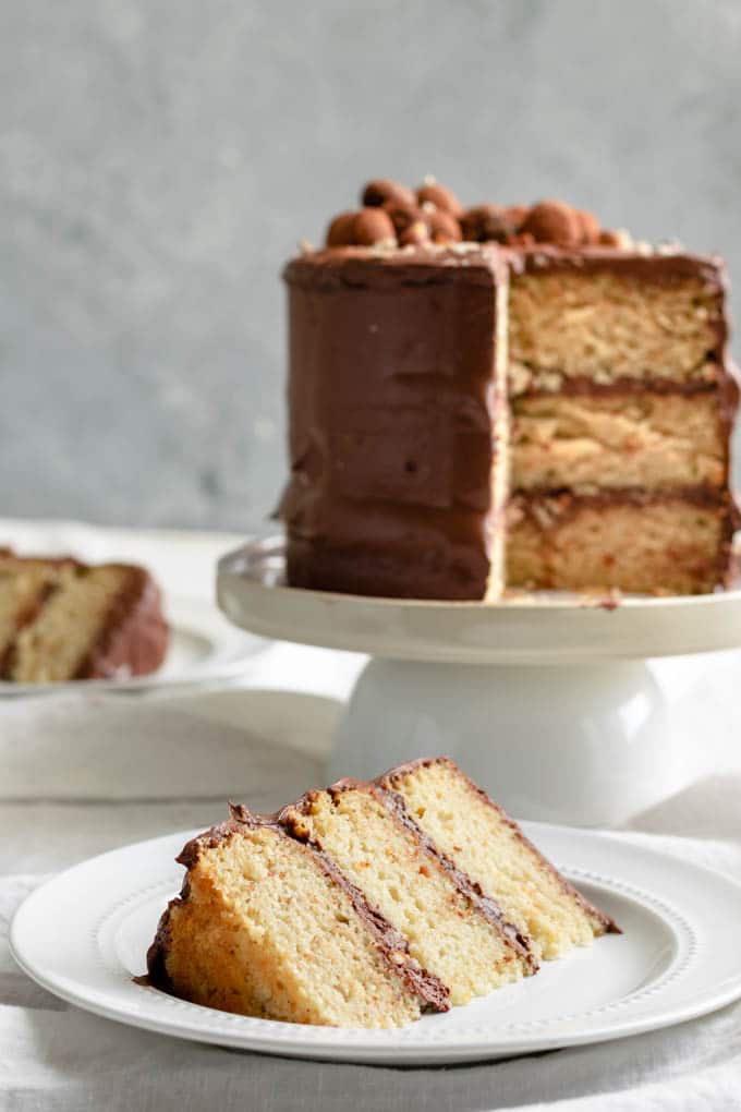 slices of a three layer vegan hazelnut cake frosted with a whipped chocolate ganache