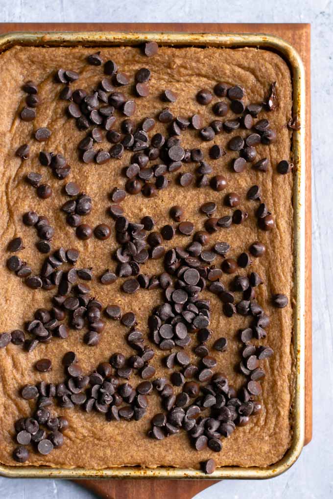 vegan mocha cinnamon bars with chocolate chips on top, to melt from the heat of the bars