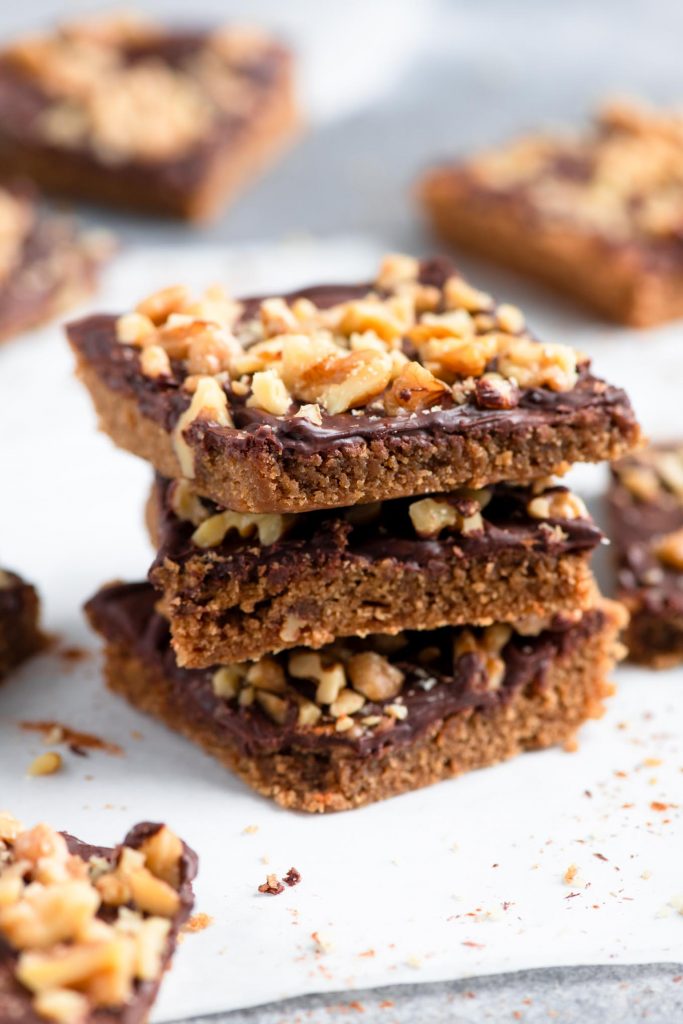 three cinnamon mocha bars stacked showing the texture of the bars