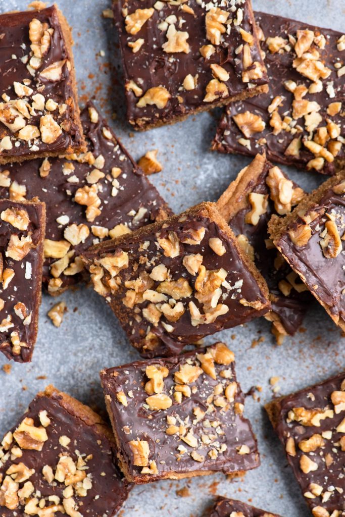 overhead view of cinnamon mocha bars piled so that some are at an angle and others flat