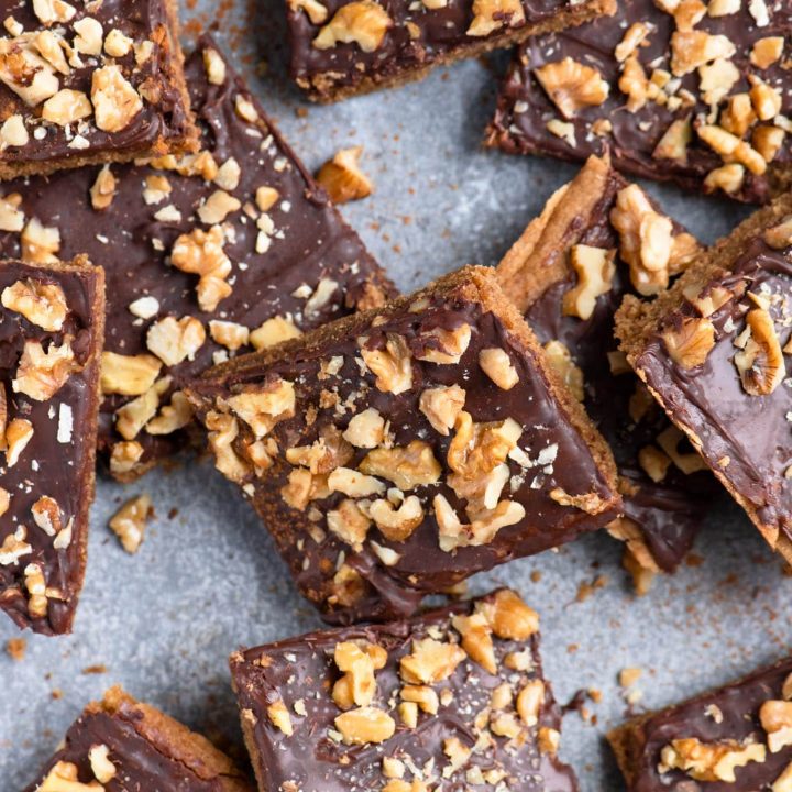 overhead view of cinnamon mocha bars piled so that some are at an angle and others flat