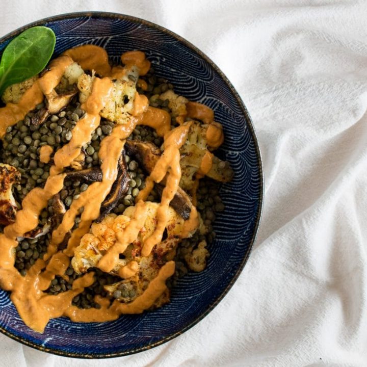 Cauliflower and French Lentils with Smoky Red Pepper Sauce